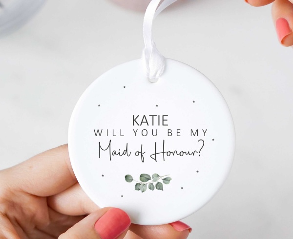 Personalised Will You Be My Maid Of Honour? Wedding Proposal Ceramic Keepsake - Eucalyptus Sage Green Design
